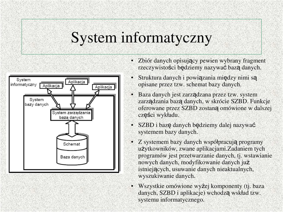 SZBD i bazę danych będziemy dalej nazywać systemem bazy danych. Z systemem bazy danych współpracują programy użytkowników, zwane aplikacjami.zadaniem tych programów jest przetwarzanie danych, tj.