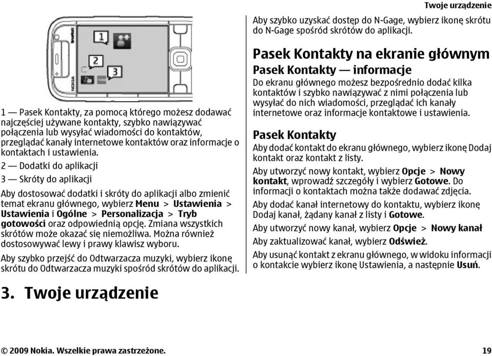 informacje o kontaktach i ustawienia.