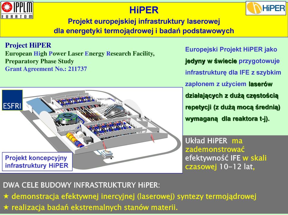 : 211737 Europejski Projekt HiPER jako jedyny w świecie przygotowuje infrastrukturę dla IFE z szybkim zapłonem z użyciem laserów działających z dużą częstością repetycji (z