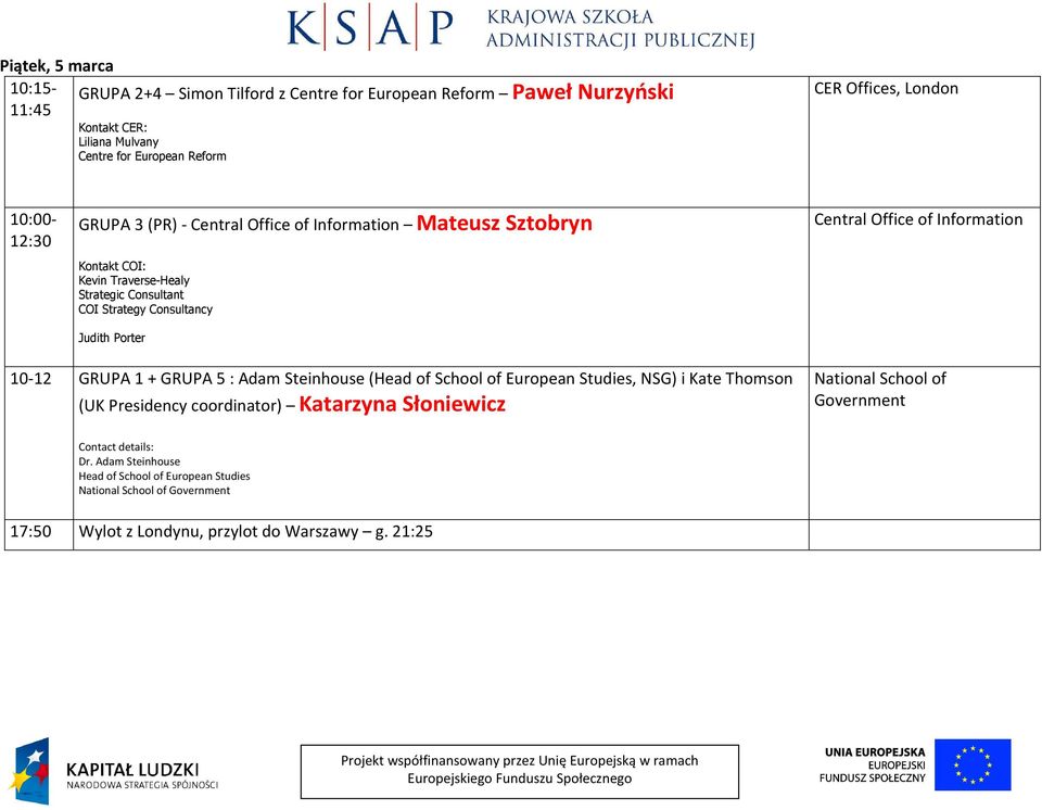 Office of Information 10-12 GRUPA 1 + GRUPA 5 : Adam Steinhouse (Head of School of European Studies, NSG) i Kate Thomson (UK Presidency coordinator) Katarzyna Słoniewicz