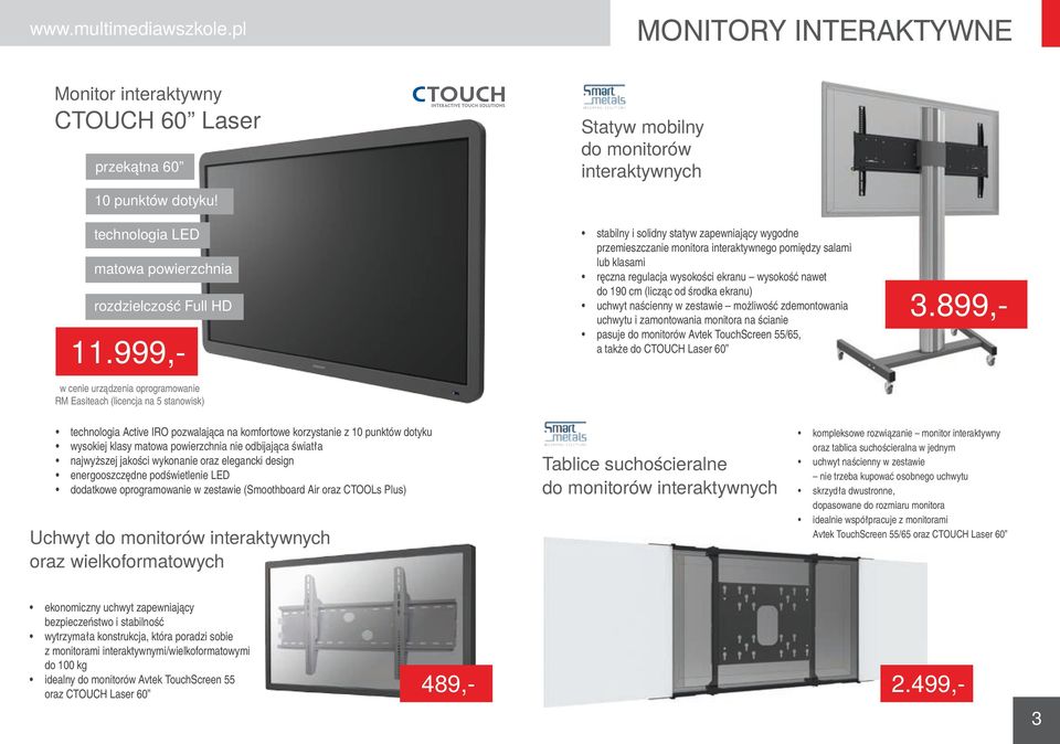 999,- w cenie urządzenia oprogramowanie RM Easiteach (licencja na 5 stanowisk) stabilny i solidny statyw zapewniający wygodne przemieszczanie monitora interaktywnego pomiędzy salami lub klasami