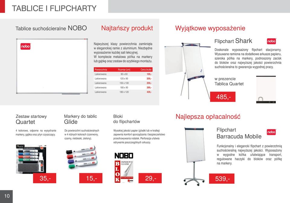 Powierzchnia Rozmiar [cm] Cena brutto Lakierowana 90 x 60 109,- Lakierowana 120 x 90 209,- Lakierowana 150 x 100 259,- Lakierowana 180 x 90 399,- Flipchart Shark Doskonale wyposażony flipchart