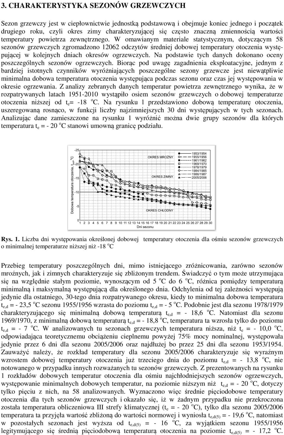 W omawianym materiale statystycznym, dotyczącym 58 sezonów grzewczych zgromadzono 12062 odczytów średniej dobowej temperatury otoczenia występującej w kolejnych dniach okresów ogrzewczych.