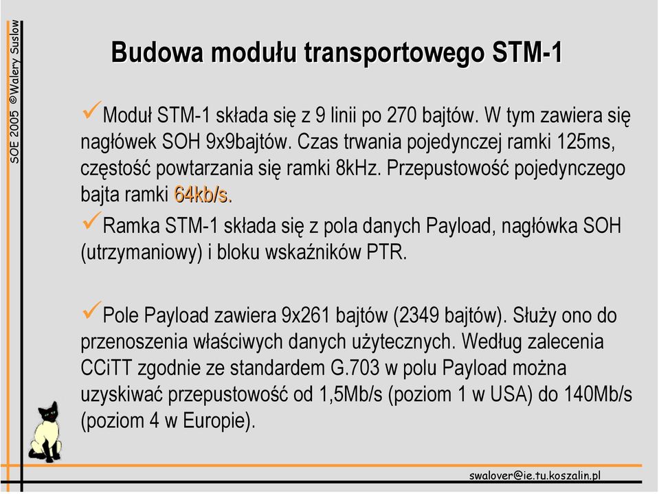 Ramka STM-1 składa się z pola danych Payload, nagłówka SOH (utrzymaniowy) i bloku wskaźników PTR. Pole Payload zawiera 9x261 bajtów (2349 bajtów).