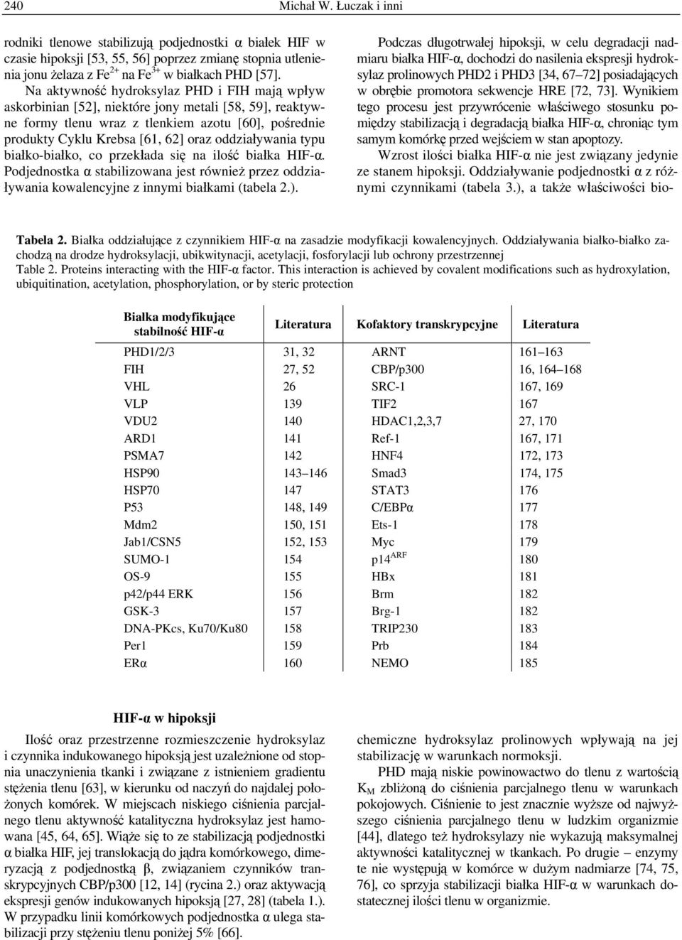oddziaływania typu białko-białko, co przekłada się na ilość białka HIF-α. Podjednostka α stabilizowana jest również przez oddziaływania kowalencyjne z innymi białkami (tabela 2.).