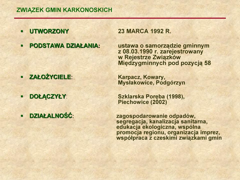 Podgórzyn DOŁĄCZYŁY: Szklarska Poręba (1998), Piechowice (2002) DZIAŁALNOŚĆ: zagospodarowanie odpadów,