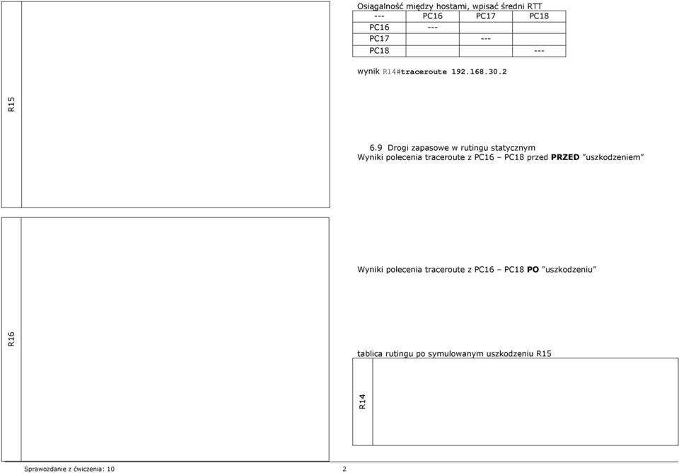 9 Drogi zapasowe w rutingu statycznym Wyniki polecenia traceroute z PC16 PC18 przed PRZED