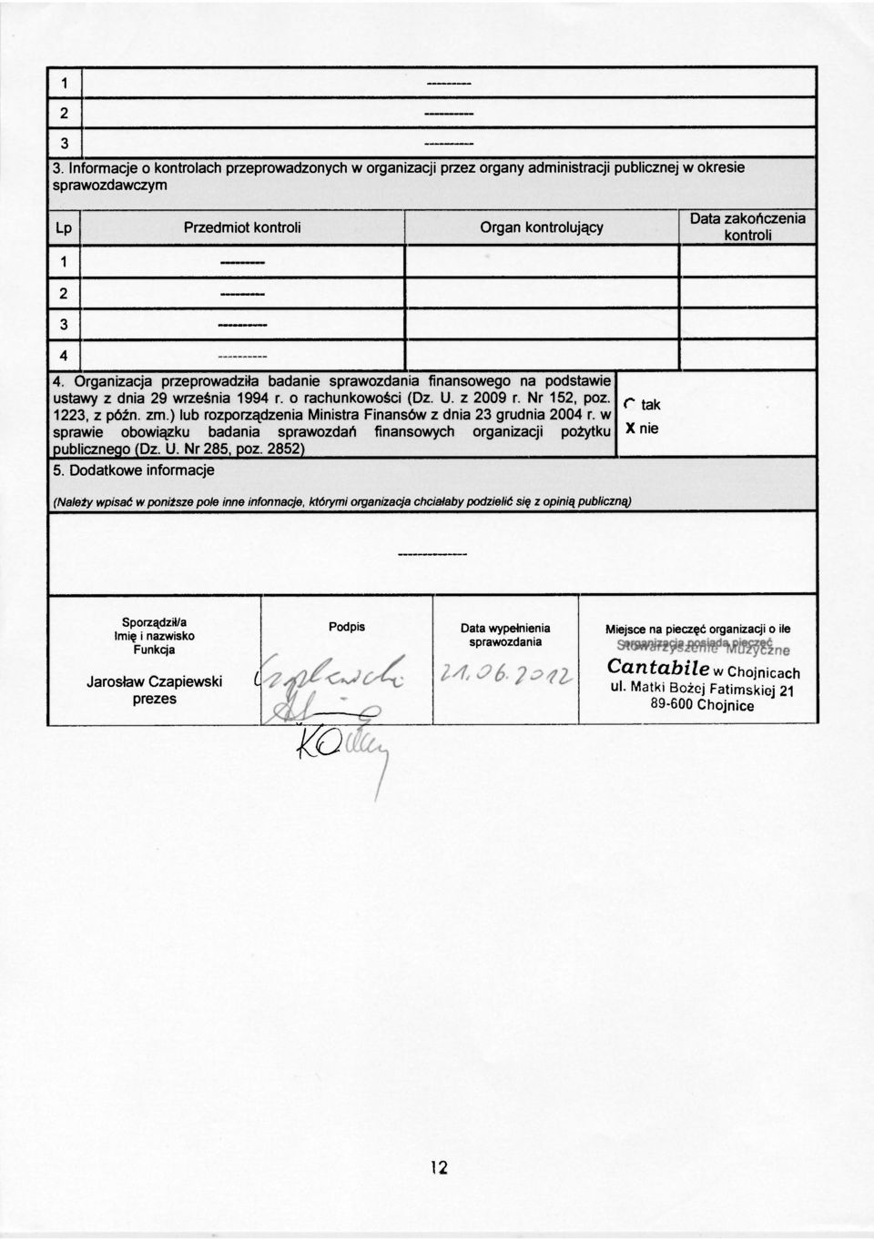 Organizacja przeprowadziła badanie sprawozdania finansowego na podstawie ustawy z dnia 29 września 1994 r. o rachunkowości (Dz. U. z 2009 r. Nr 152, poz. 1223, z późn. zm.