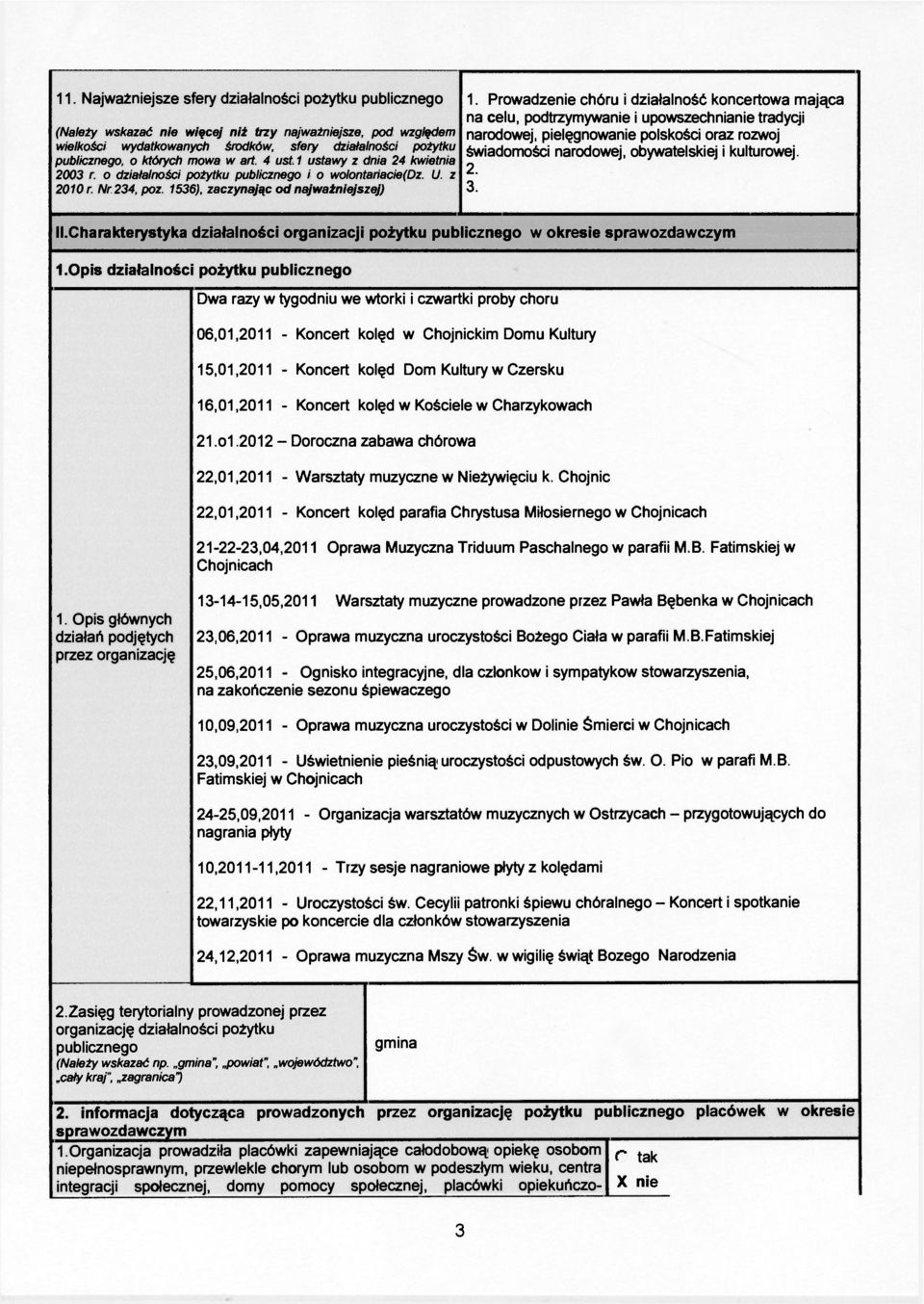 Prowadzenie chóru i działalność koncertowa mająca na celu, podtrzymywanie i upowszechnianie tradycji narodowej, pielęgnowanie polskości oraz rozwoj świadomości narodowej, obywatelskiej i kulturowej.