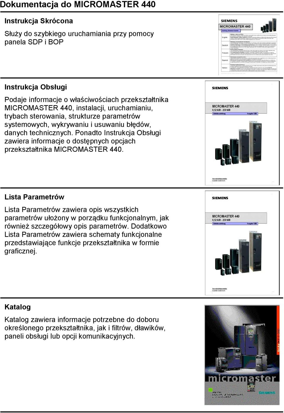 Ponadto Instrukcja Obsługi zawiera informacje o dostępnych opcjach przekształtnika MICROMASTER 44.