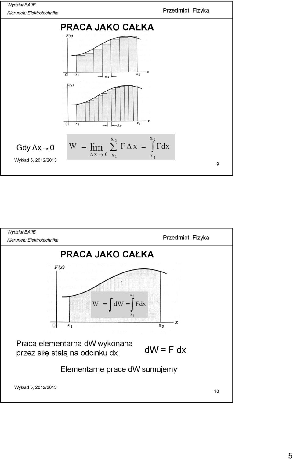 przez siłę stałą na odcinku dx dw = F