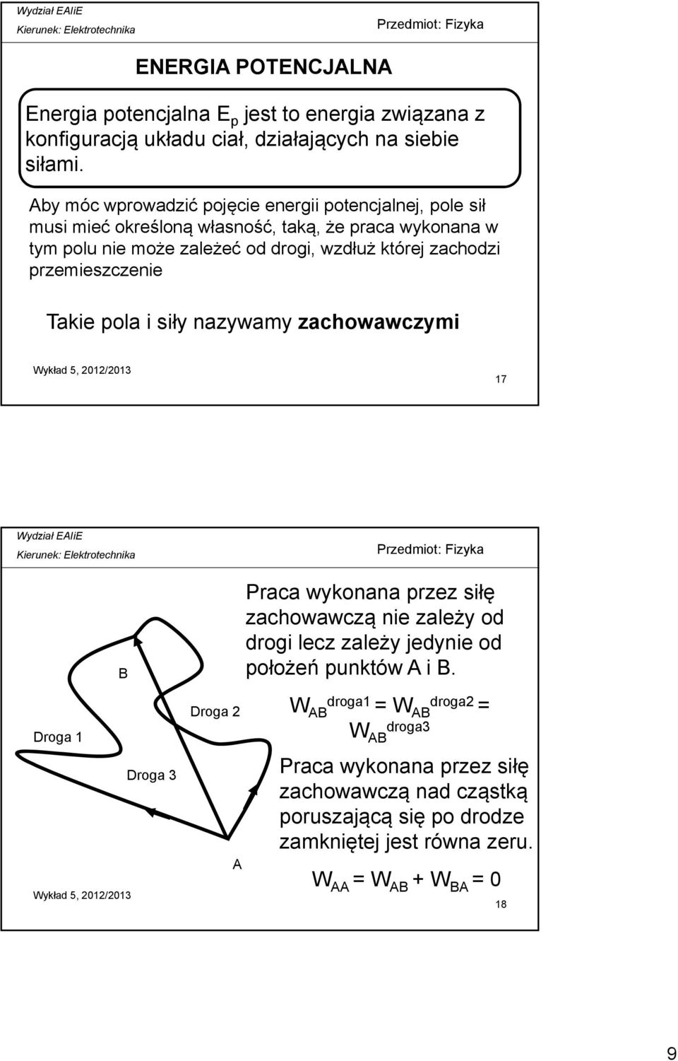 zachodzi przemieszczenie Takie pola i siły nazywamy zachowawczymi 17 B Droga 1 Droga 3 Droga 2 A Praca wykonana przez siłę zachowawczą nie zależy od drogi lecz