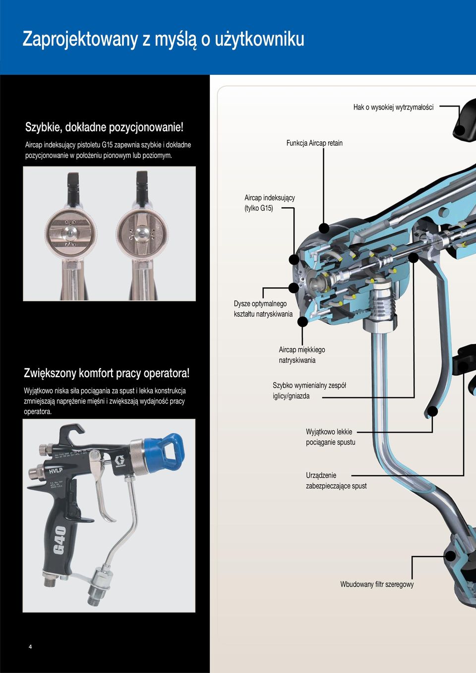 Funkcja Aircap retain Aircap indeksujący (tylko G15) Dysze optymalnego kształtu natryskiwania Zwiększony komfort pracy operatora!