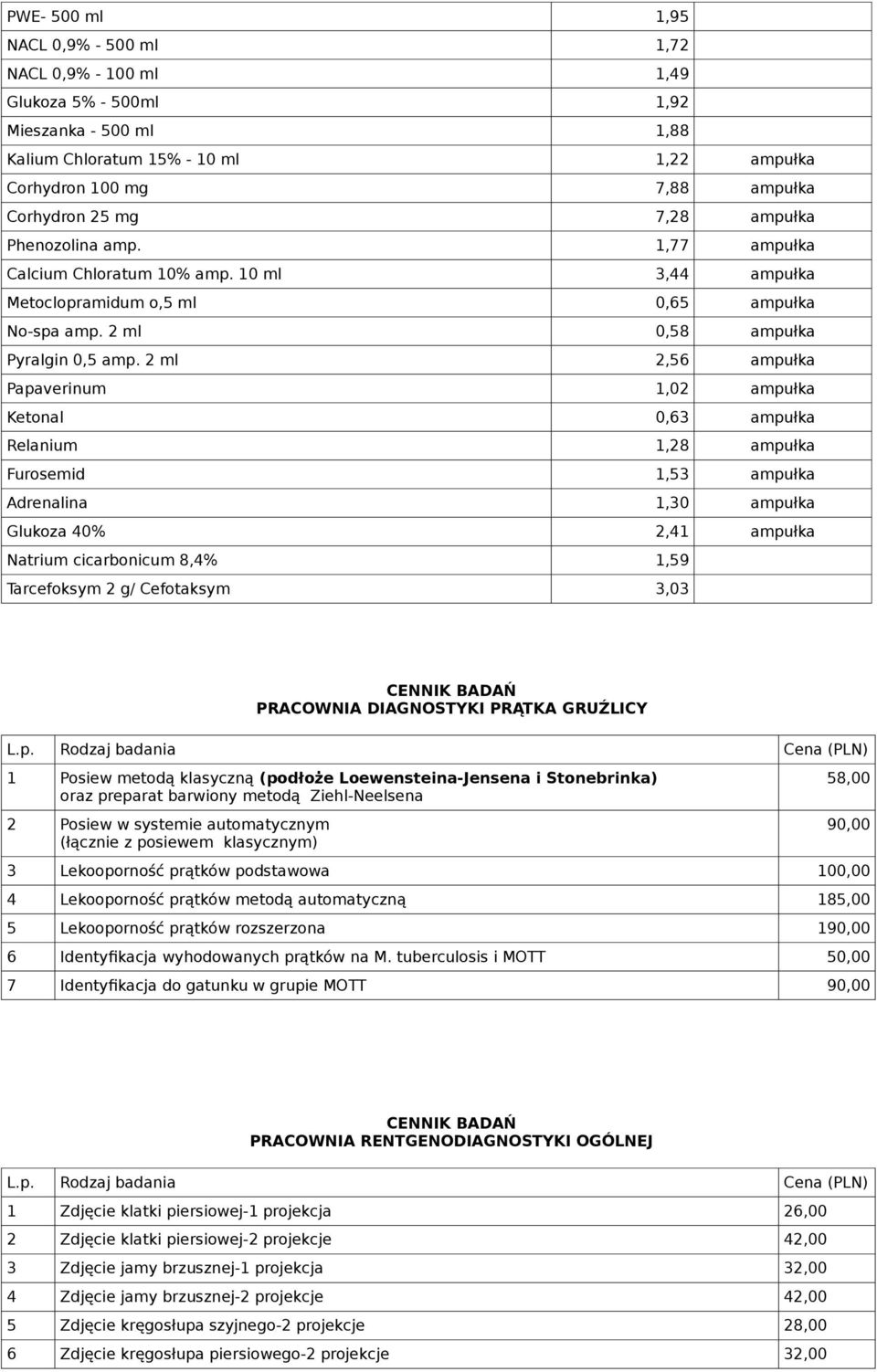 2 ml 2,56 ampułka Papaverinum 1,02 ampułka Ketonal 0,63 ampułka Relanium 1,28 ampułka Furosemid 1,53 ampułka Adrenalina 1,30 ampułka Glukoza 40% 2,41 ampułka Natrium cicarbonicum 8,4% 1,59