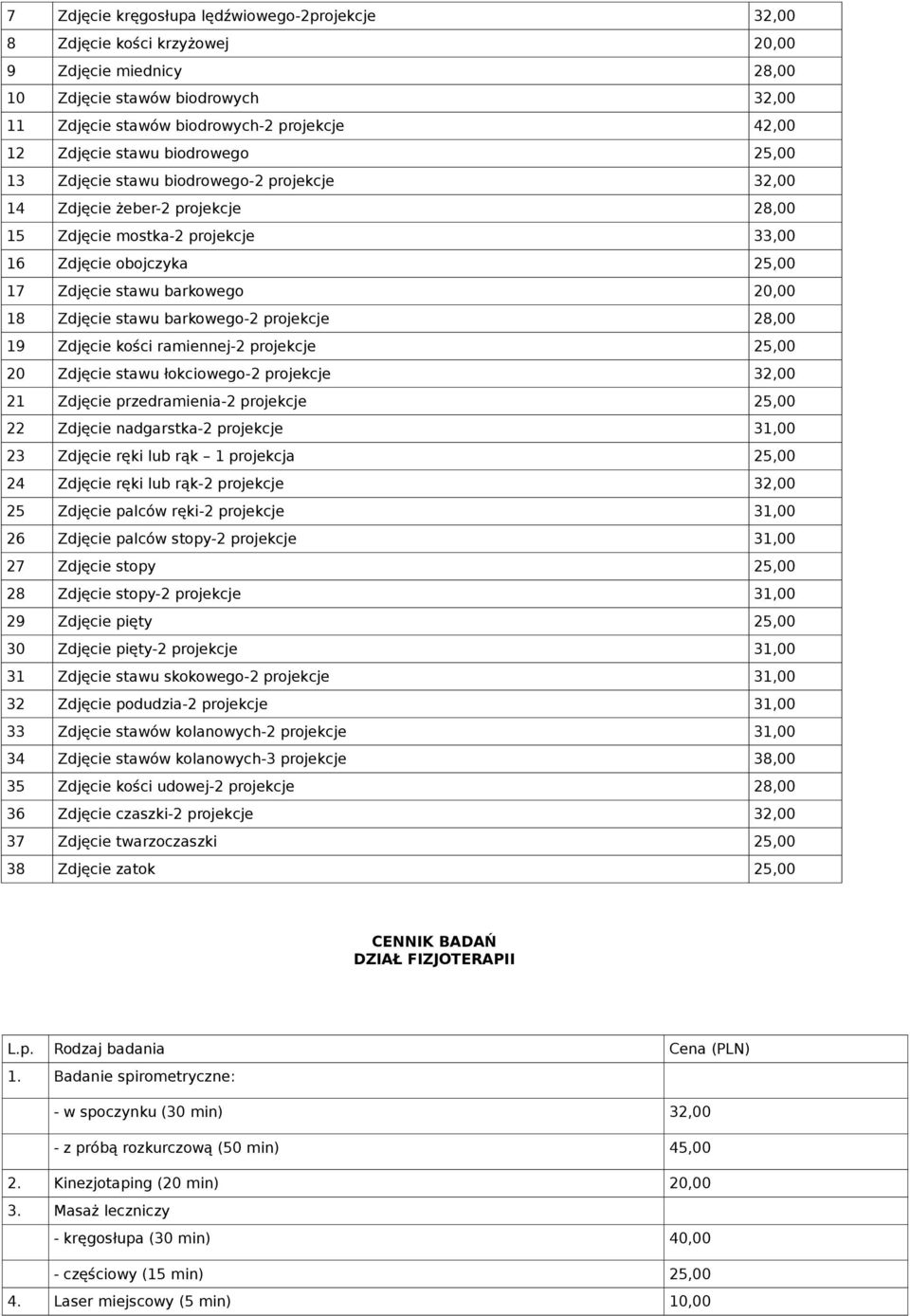 18 Zdjęcie stawu barkowego-2 projekcje 28,00 19 Zdjęcie kości ramiennej-2 projekcje 25,00 20 Zdjęcie stawu łokciowego-2 projekcje 32,00 21 Zdjęcie przedramienia-2 projekcje 25,00 22 Zdjęcie