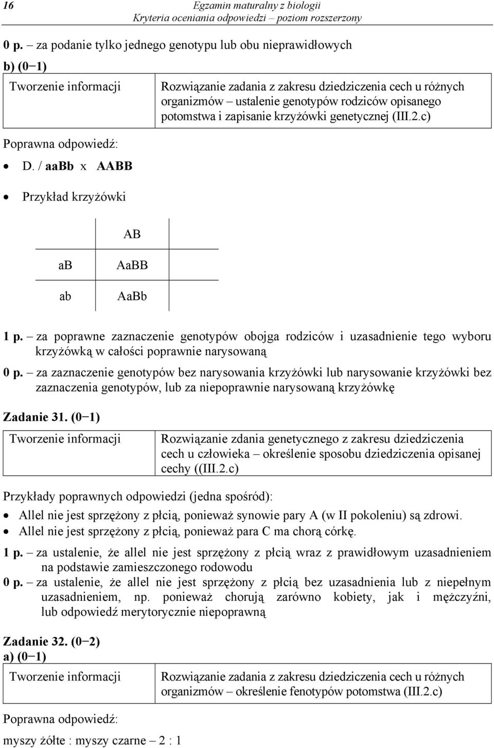 genetycznej (III.2.c) D. / aabb x AABB Przykład krzyżówki AB ab ab AaBB AaBb 1 p.