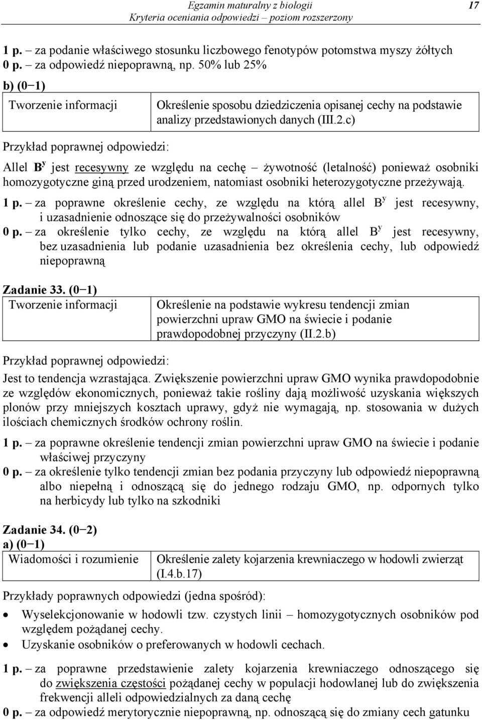 1 p. za poprawne określenie cechy, ze względu na którą allel B y jest recesywny, i uzasadnienie odnoszące się do przeżywalności osobników 0 p.