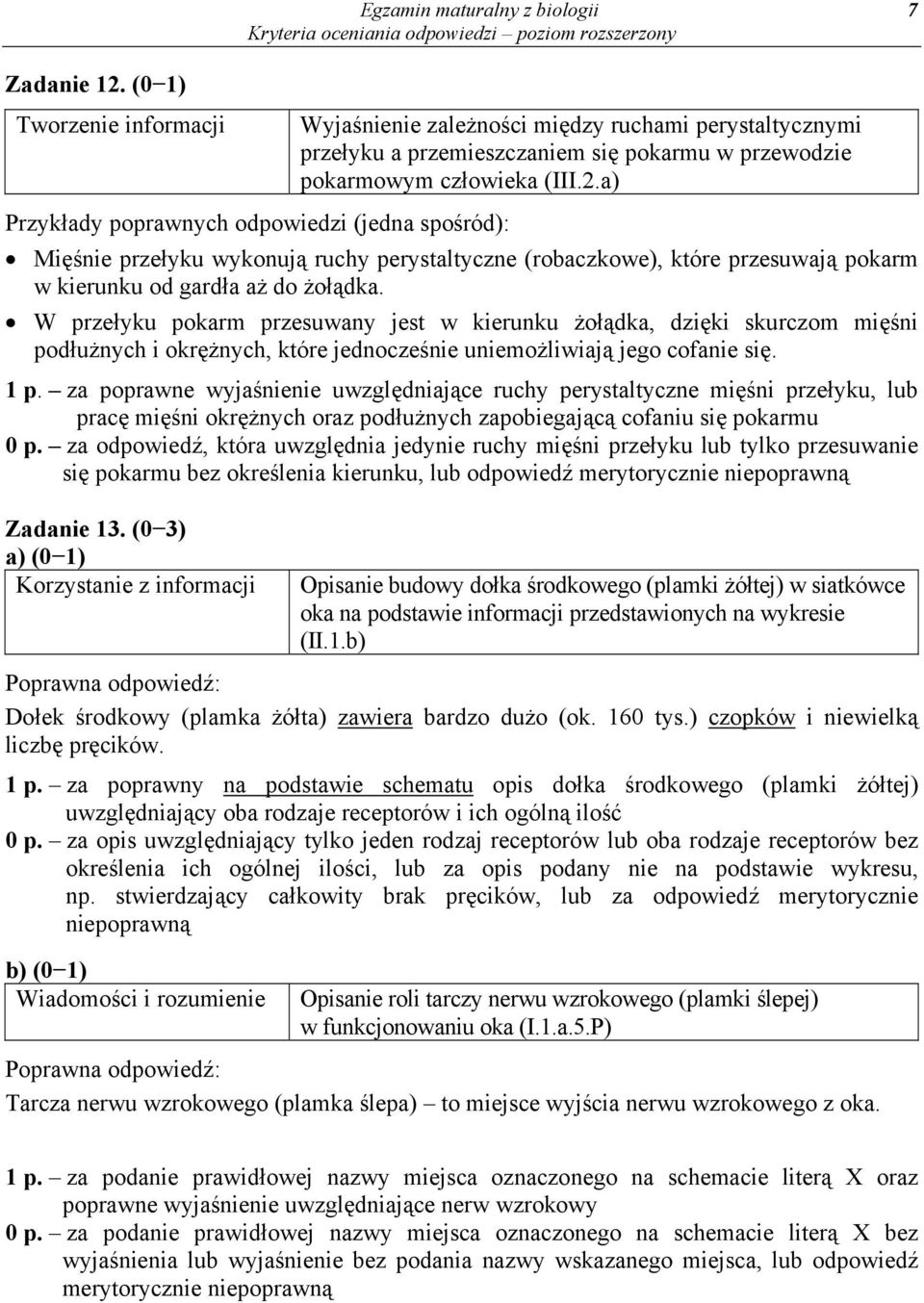 za poprawne wyjaśnienie uwzględniające ruchy perystaltyczne mięśni przełyku, lub pracę mięśni okrężnych oraz podłużnych zapobiegającą cofaniu się pokarmu 0 p.