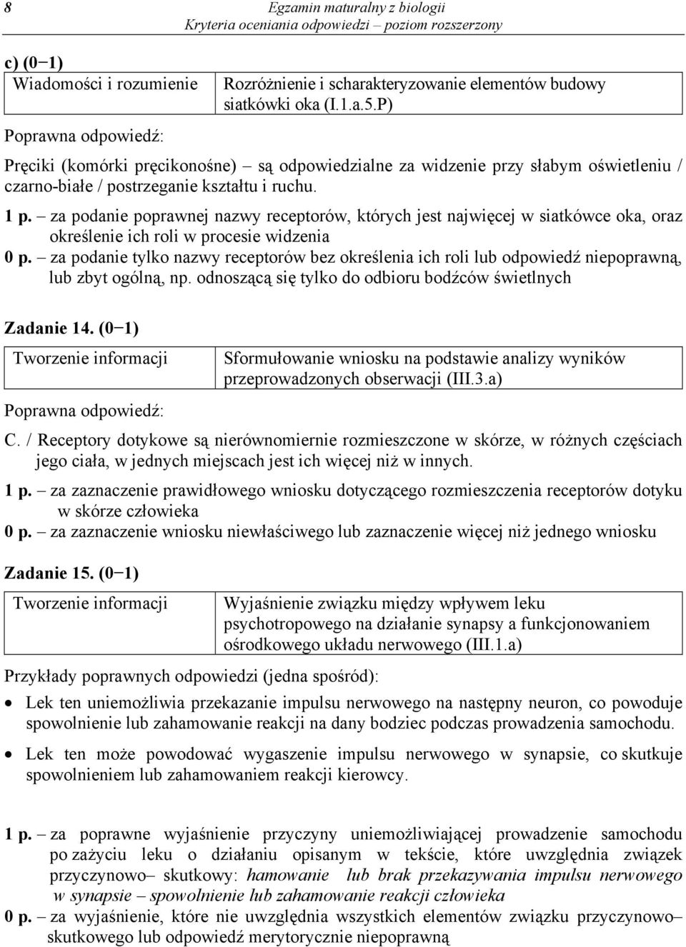 za podanie poprawnej nazwy receptorów, których jest najwięcej w siatkówce oka, oraz określenie ich roli w procesie widzenia 0 p.