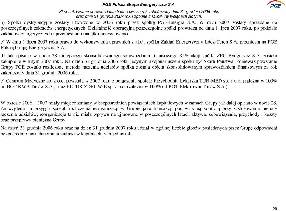 c) W dniu 1 lipca 2007 roku prawo do wykonywania uprawnień z akcji spółka Zakład Energetyczny ŁódźTeren S.A.