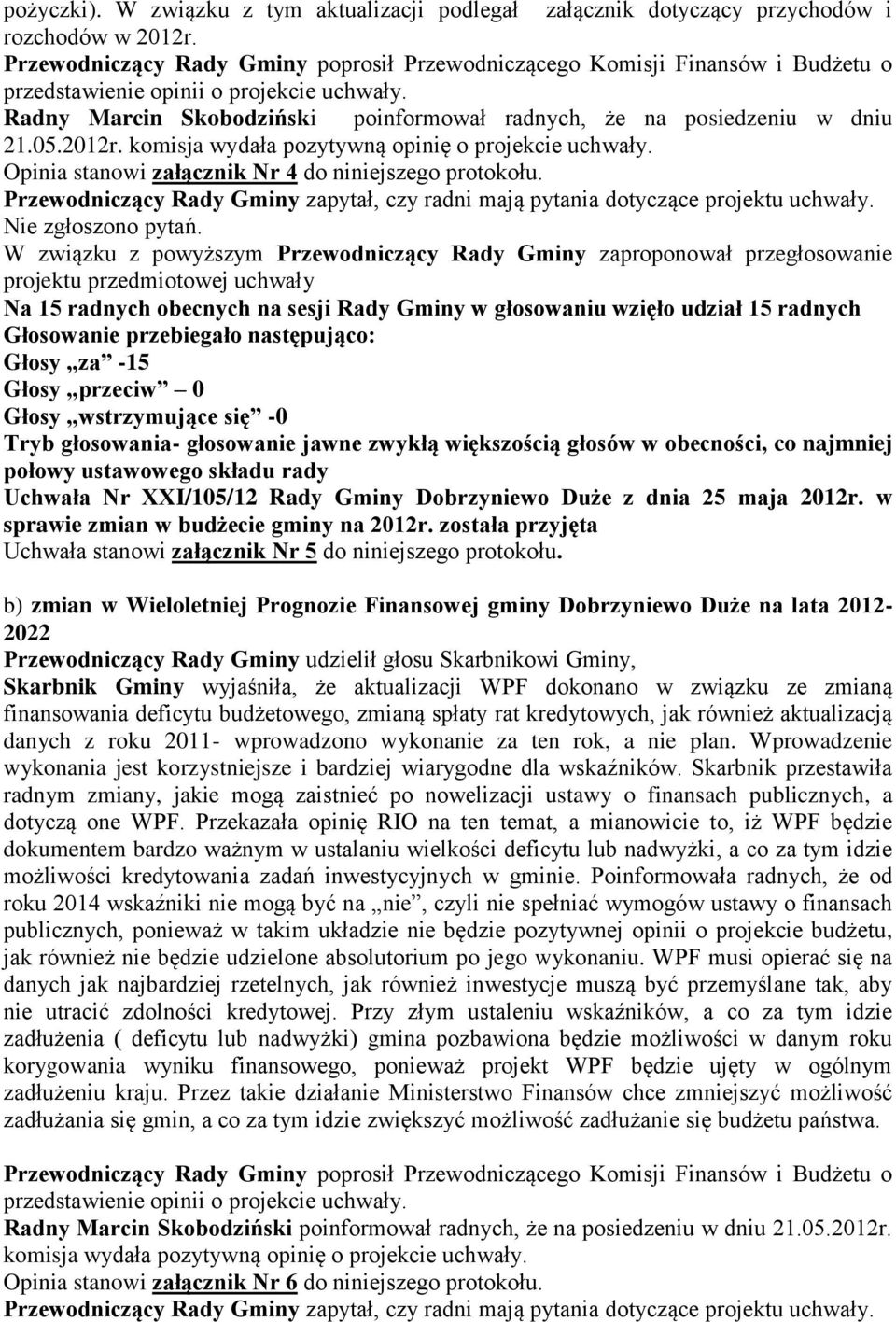 05.2012r. komisja wydała pozytywną opinię o projekcie uchwały. Opinia stanowi załącznik Nr 4 do niniejszego protokołu.