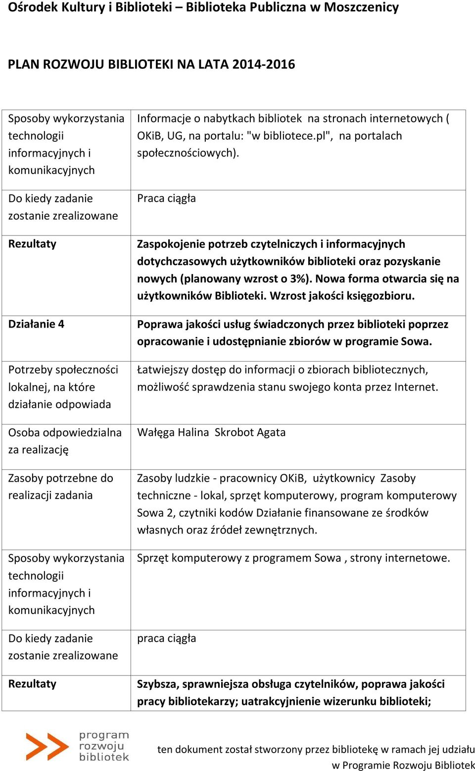 Nowa forma otwarcia się na użytkowników Biblioteki. Wzrost jakości księgozbioru. Poprawa jakości usług świadczonych przez biblioteki poprzez opracowanie i udostępnianie zbiorów w programie Sowa.