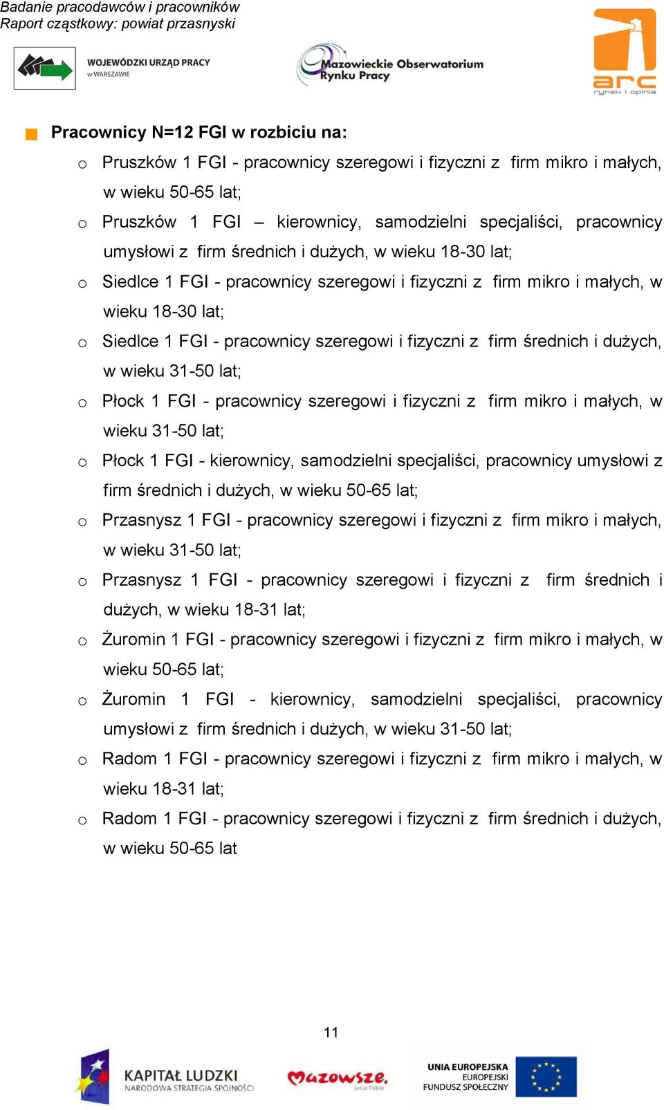 firm średnich i dużych, w wieku 31-50 lat; o Płock 1 FGI - pracownicy szeregowi i fizyczni z firm mikro i małych, w wieku 31-50 lat; o Płock 1 FGI - kierownicy, samodzielni specjaliści, pracownicy