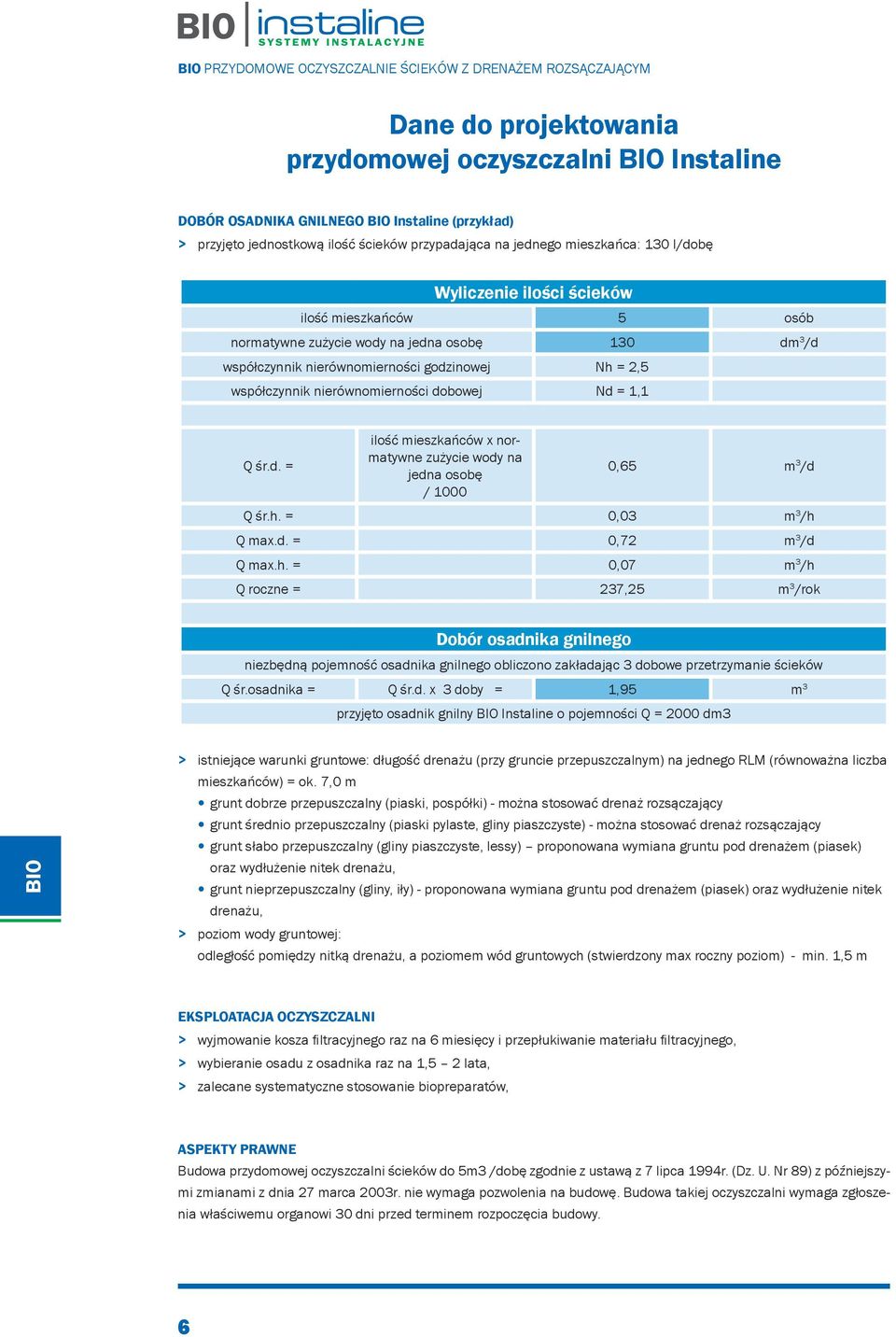 h. = 0,03 m 3 /h Q max.d. = 0,72 m 3 /d Q max.h. = 0,07 m 3 /h Q roczne = 237,25 m 3 /rok Dobór osadnika gnilnego niezbędną pojemność osadnika gnilnego obliczono zakładając 3 dobowe przetrzymanie ścieków Q śr.