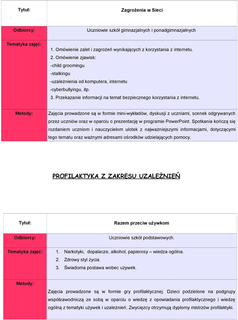 Zajęcia prowadzone są w formie mini-wykładów, dyskusji z uczniami, scenek odgrywanych przez uczniów oraz w oparciu o prezentację w programie PowerPoint.