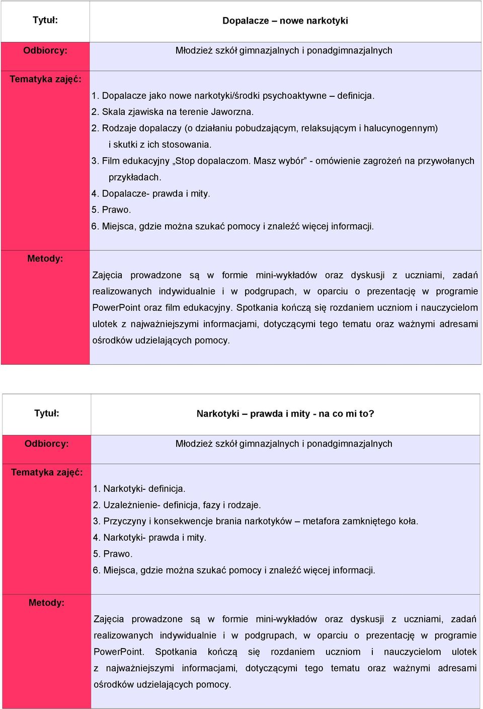 Masz wybór - omówienie zagrożeń na przywołanych przykładach. 4. Dopalacze- prawda i mity. 5. Prawo. 6. Miejsca, gdzie można szukać pomocy i znaleźć więcej informacji.