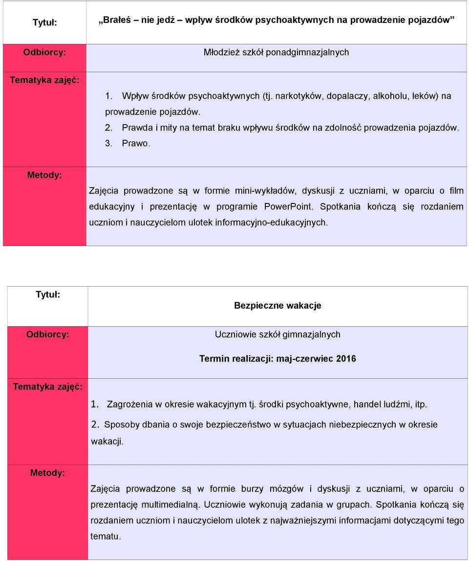 Zajęcia prowadzone są w formie mini-wykładów, dyskusji z uczniami, w oparciu o film edukacyjny i prezentację w programie PowerPoint.