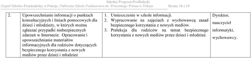 Opracowanie i upowszechnianie materiałów informacyjnych dla rodziców dotyczących bezpiecznego korzystania z nowych mediów przez dzieci i młodzież 1.