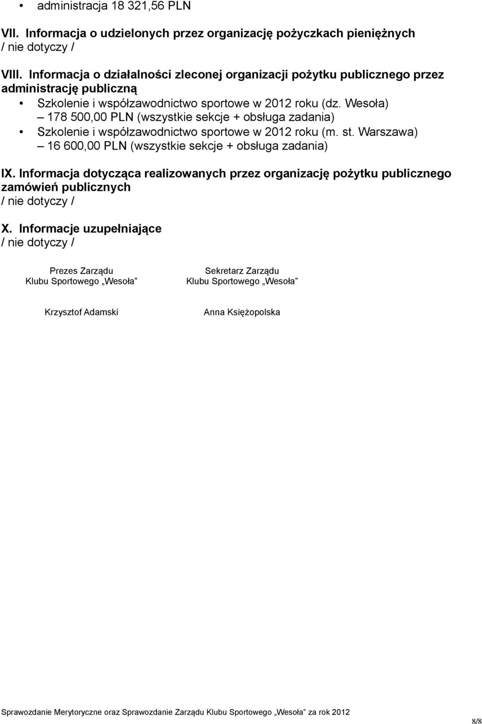 Wesoła) 178 500,00 PLN (wszystkie sekcje + obsługa zadania) Szkolenie i współzawodnictwo sportowe w 2012 roku (m. st. Warszawa) 16 600,00 PLN (wszystkie sekcje + obsługa zadania) IX.