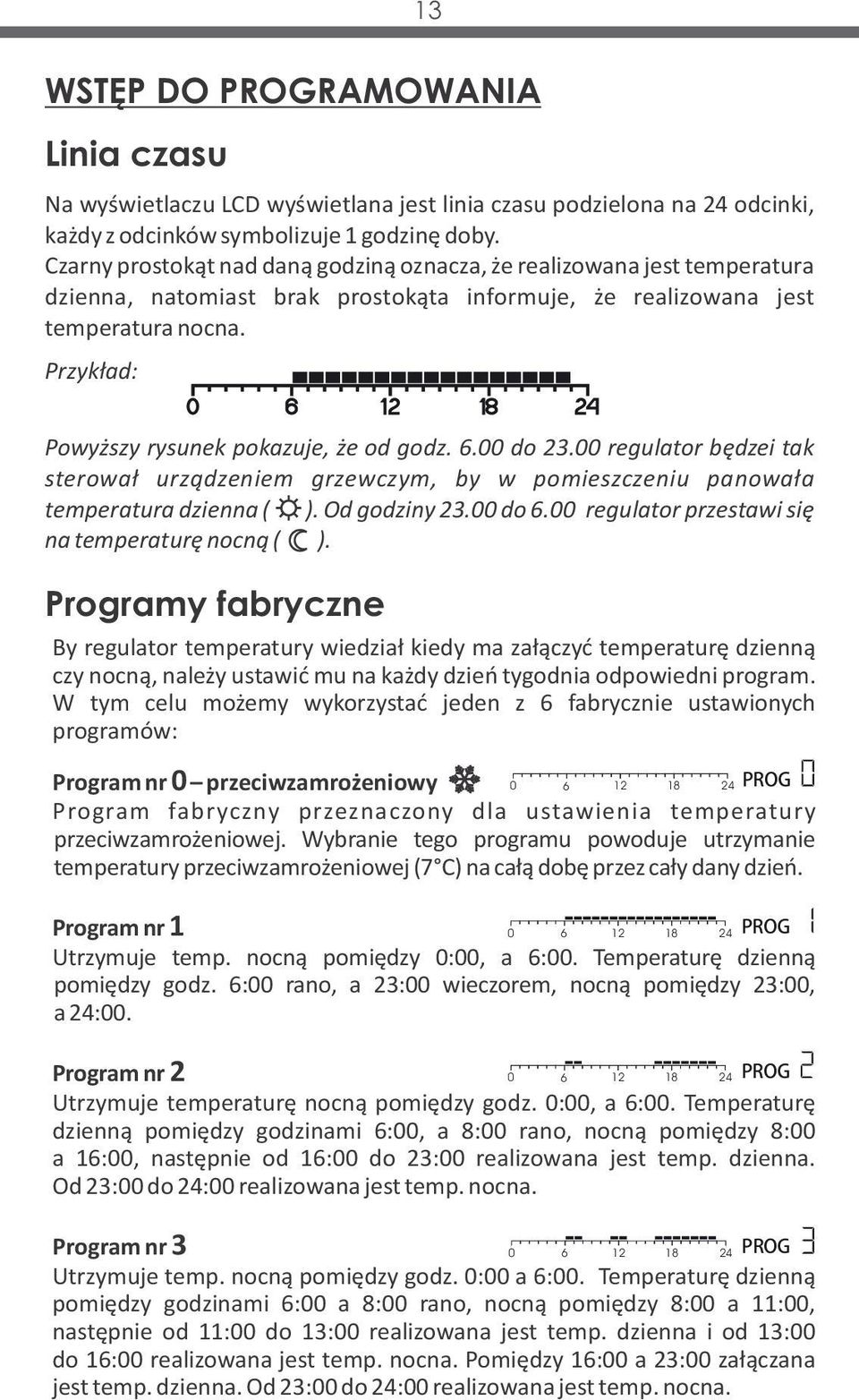 Przykład: Powyższy rysunek pokazuje, że od godz. 6.00 do 23.00 regulator będzei tak sterował urządzeniem grzewczym, by w pomieszczeniu panowała temperatura dzienna ( ). Od godziny 23.00 do 6.