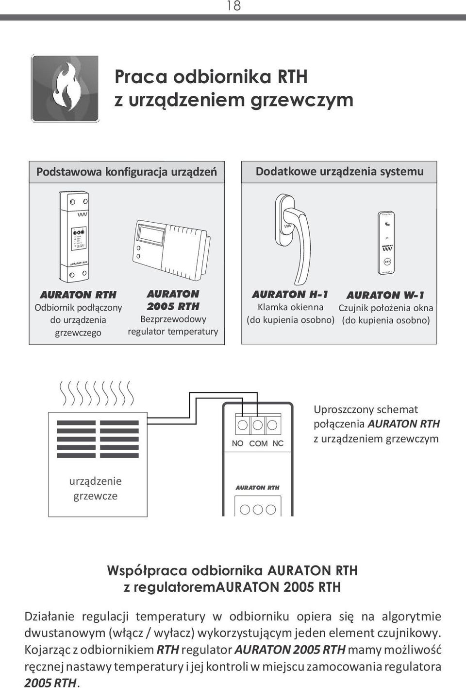 schemat połączenia AURATON RTH z urządzeniem grzewczym urządzenie grzewcze AURATON RTH Współpraca odbiornika AURATON RTH z regulatoremauraton 2005 RTH Działanie regulacji temperatury w odbiorniku