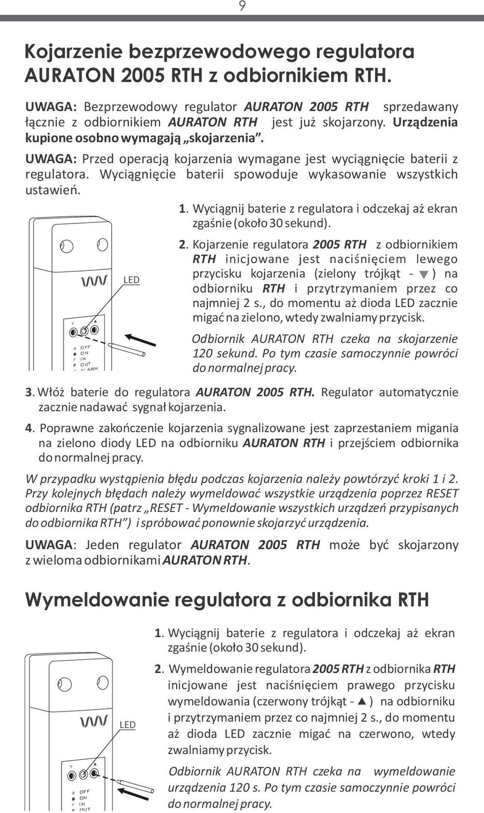 Wyciągnij baterie z regulatora i odczekaj aż ekran zgaśnie (około 30 sekund). OFF ON IN OUT ALARM RESET LED 2.