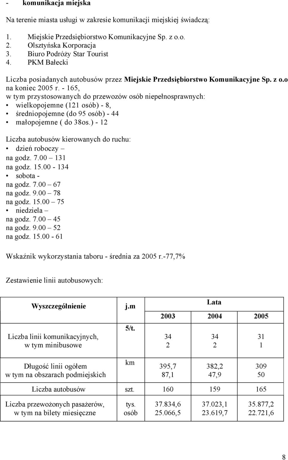 - 165, w tym przystosowanych do przewozów osób niepełnosprawnych: wielkopojemne (121 osób) - 8, średniopojemne (do 95 osób) - 44 małopojemne ( do 38os.