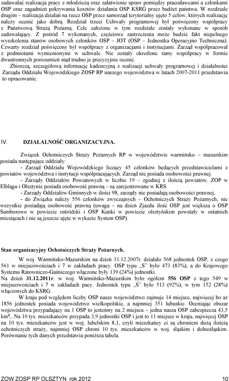 Rozdział trzeci Uchwały programowej był poświęcony współpracy z Państwową Strażą Pożarną. Cele założone w tym rozdziale zostały wykonane w sposób zadowalający.