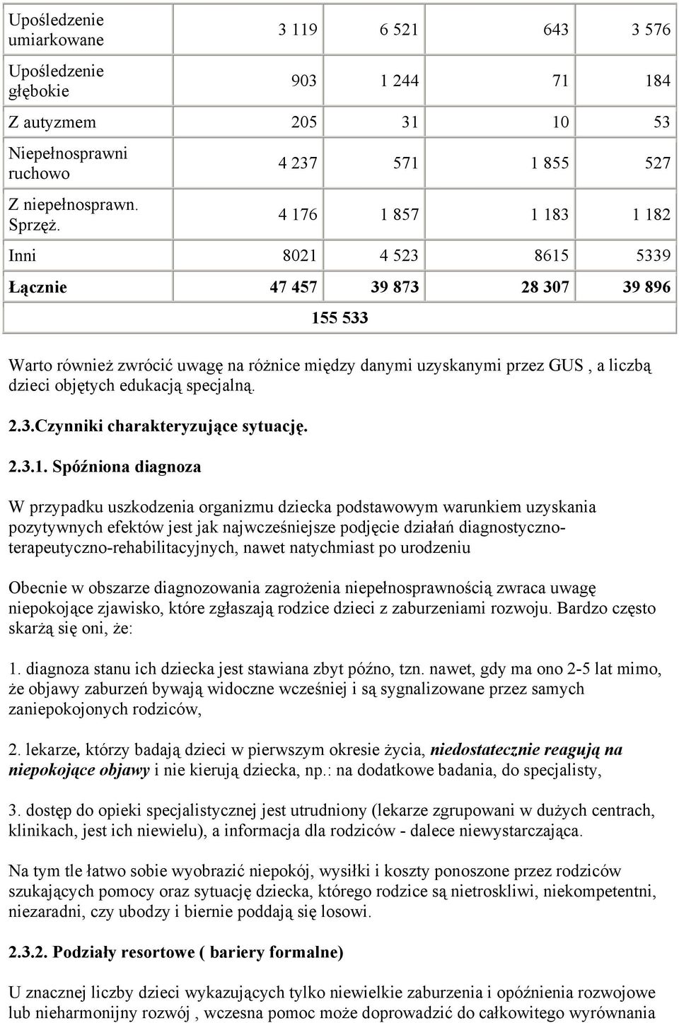 dzieci objętych edukacją specjalną. 2.3.Czynniki charakteryzujące sytuację. 2.3.1.