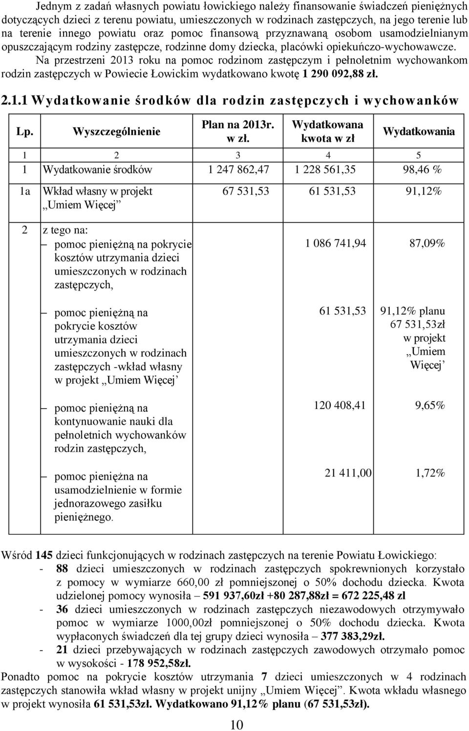 Na przestrzeni 2013 roku na pomoc rodzinom zastępczym i pełnoletnim wychowankom rodzin zastępczych w Powiecie Łowickim wydatkowano kwotę 1 290 092,88 zł. 2.1.1 Wydatkowanie środków dla rodzin zastępczych i wychowanków Lp.