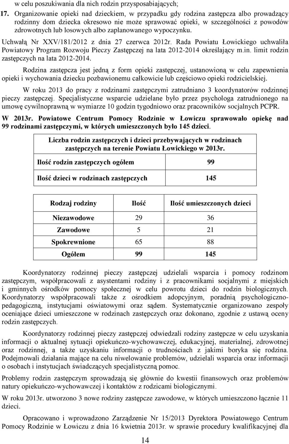 zaplanowanego wypoczynku. Uchwałą Nr XXV/181/2012 z dnia 27 czerwca 2012r. Rada Powiatu Łowickiego uchwaliła Powiatowy Program Rozwoju Pieczy Zastępczej na lata 2012-2014 określający m.in.