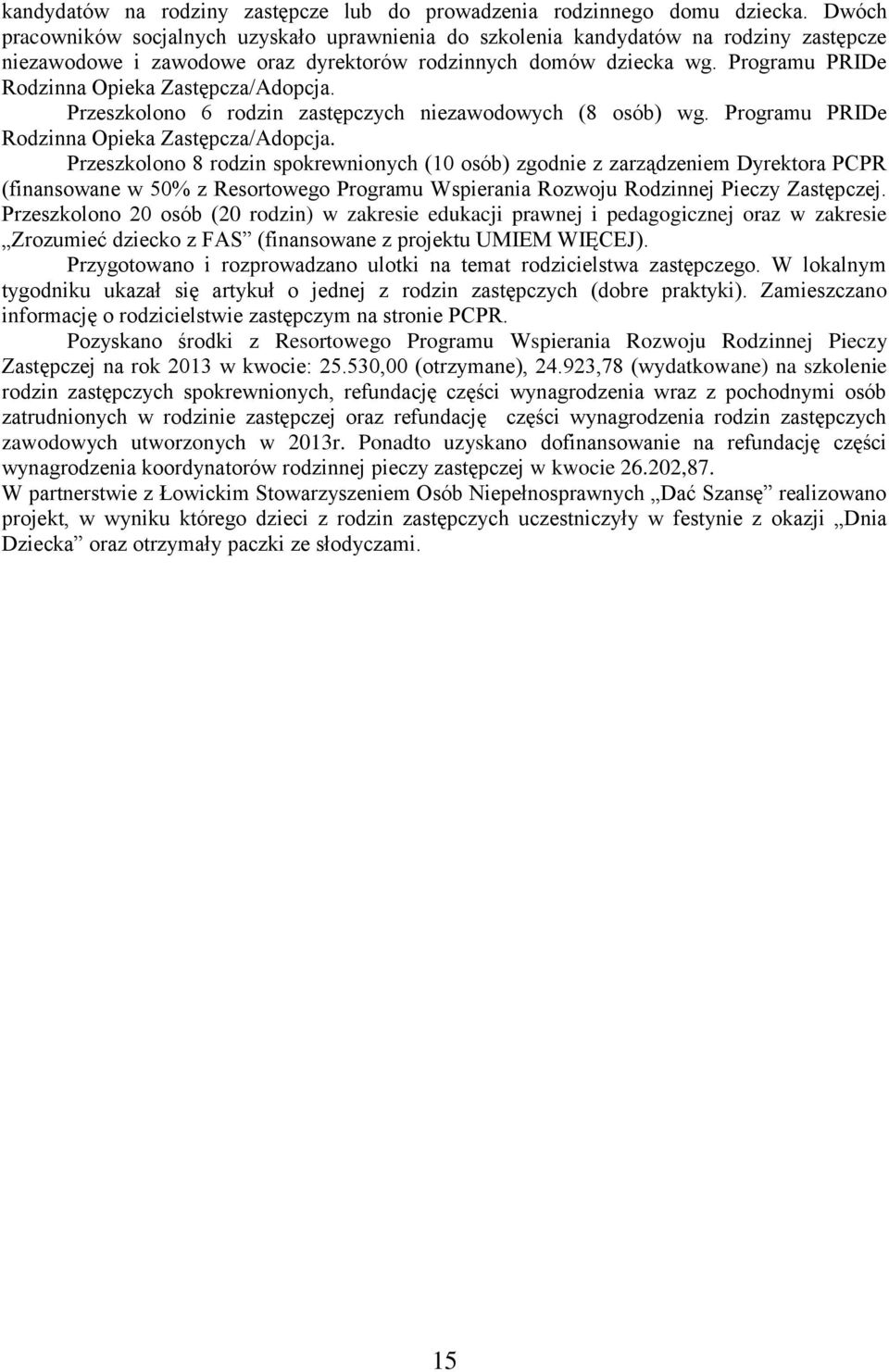 Programu PRIDe Rodzinna Opieka Zastępcza/Adopcja. Przeszkolono 6 rodzin zastępczych niezawodowych (8 osób) wg. Programu PRIDe Rodzinna Opieka Zastępcza/Adopcja.