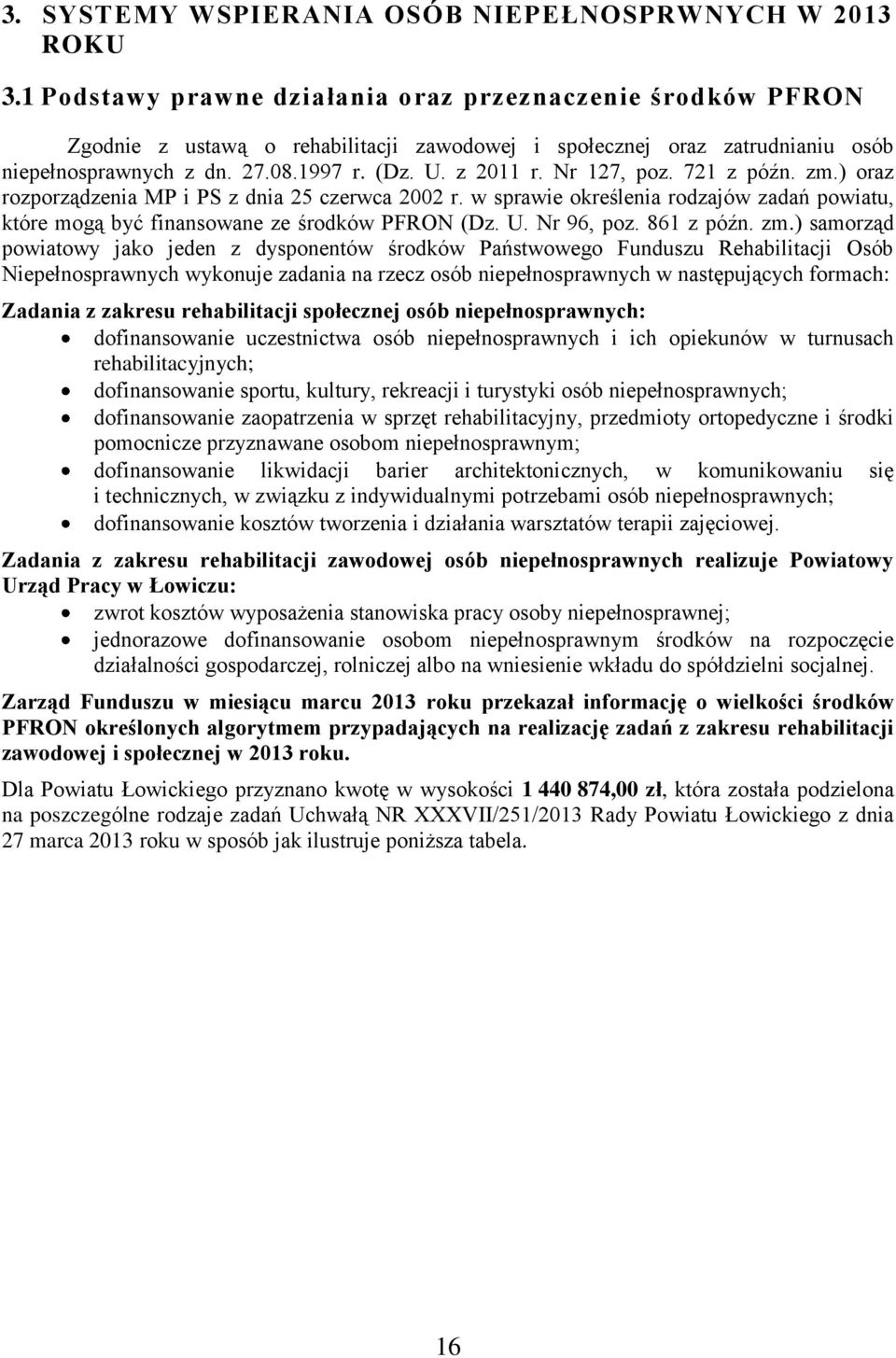 Nr 127, poz. 721 z późn. zm.) oraz rozporządzenia MP i PS z dnia 25 czerwca 2002 r. w sprawie określenia rodzajów zadań powiatu, które mogą być finansowane ze środków PFRON (Dz. U. Nr 96, poz.
