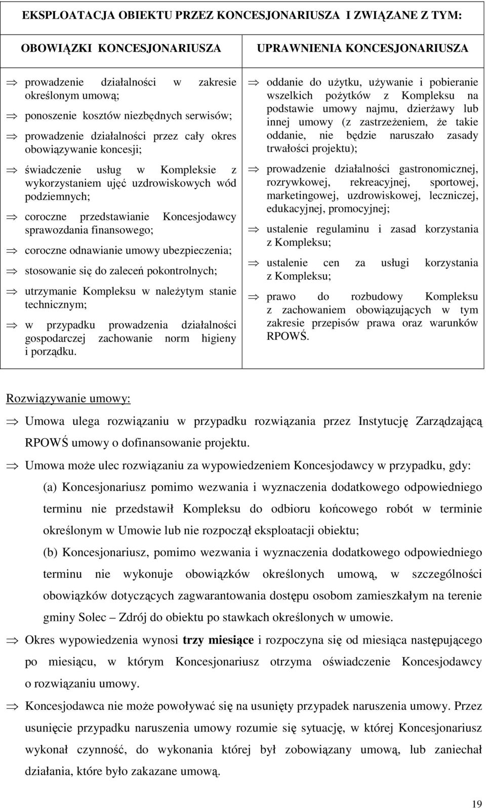 finansowego; coroczne odnawianie umowy ubezpieczenia; stosowanie się do zaleceń pokontrolnych; utrzymanie Kompleksu w należytym stanie technicznym; w przypadku prowadzenia działalności gospodarczej