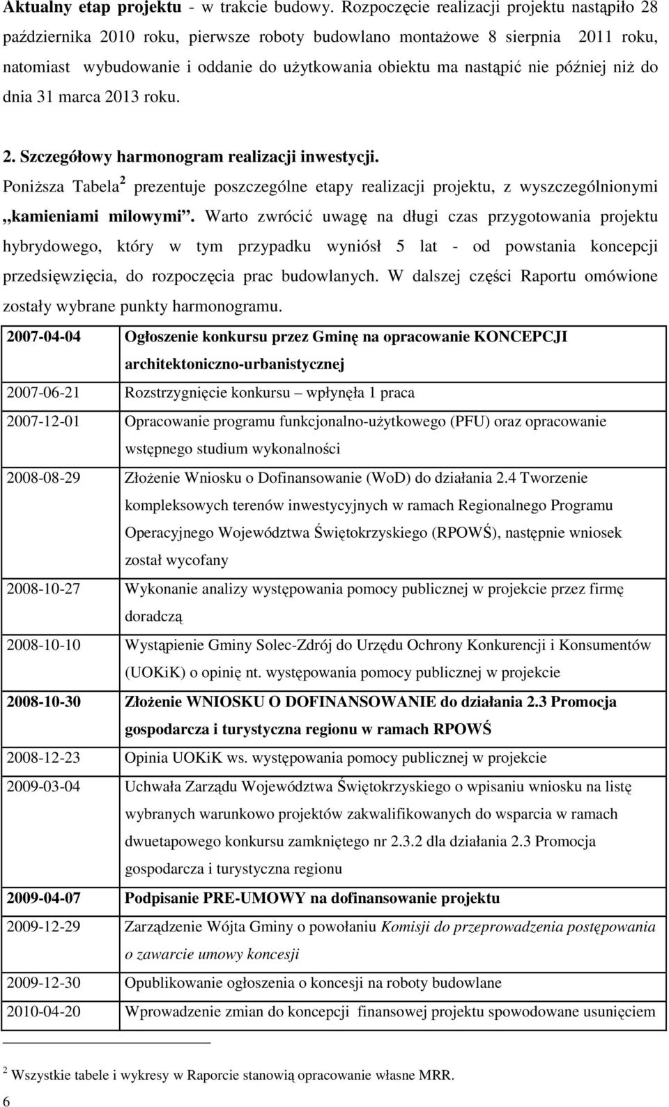 później niż do dnia 31 marca 2013 roku. 2. Szczegółowy harmonogram realizacji inwestycji. Poniższa Tabela 2 prezentuje poszczególne etapy realizacji projektu, z wyszczególnionymi kamieniami milowymi.