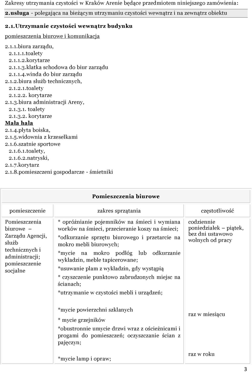 winda do biur zarządu 2.1.2.biura służb technicznych, 2.1.2.1.toalety 2.1.2.2. korytarze 2.1.3.biura administracji Areny, 2.1.3.1. toalety 2.1.3.2. korytarze Mała hala 2.1.4.płyta boiska, 2.1.5.