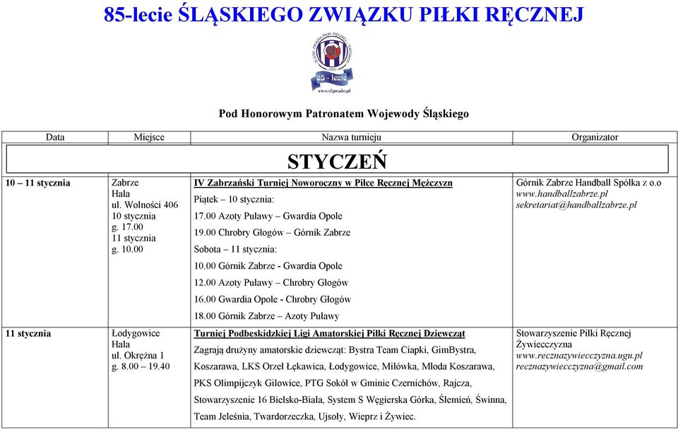 00 Azoty Puławy Gwardia Opole 19.00 Chrobry Głogów Górnik Zabrze Sobota 11 stycznia: STYCZEŃ 10.00 Górnik Zabrze - Gwardia Opole 12.