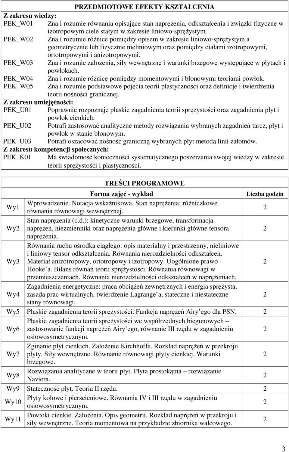 PEK_W03 Zna i rozumie założenia, siły wewnętrzne i warunki brzegowe występujące w płytach i powłokach. PEK_W04 Zna i rozumie różnice pomiędzy momentowymi i błonowymi teoriami powłok.