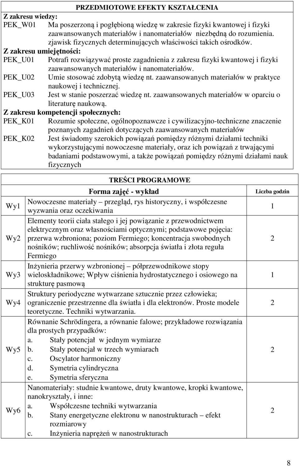 Z zakresu umiejętności: PEK_U01 Potrafi rozwiązywać proste zagadnienia z zakresu fizyki kwantowej i fizyki zaawansowanych materiałów i nanomateriałów. PEK_U0 Umie stosować zdobytą wiedzę nt.