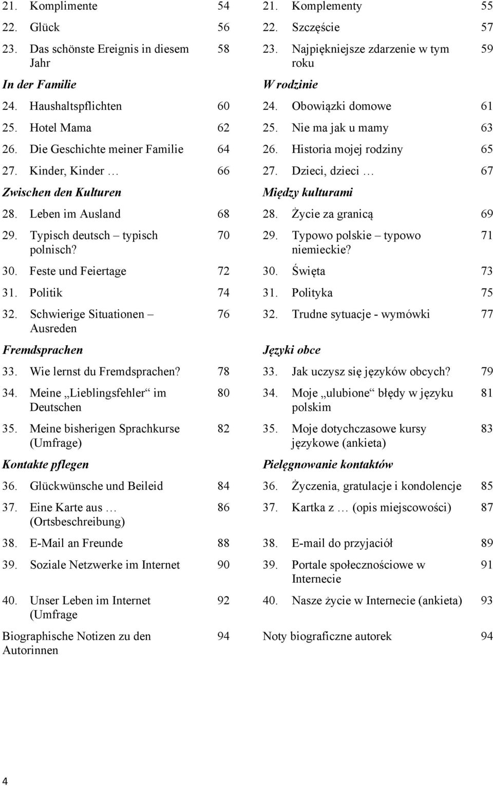 Dzieci, dzieci 67 Zwischen den Kulturen Między kulturami 28. Leben im Ausland 68 28. Życie za granicą 69 29. Typisch deutsch typisch polnisch? 70 29. Typowo polskie typowo niemieckie? 30.